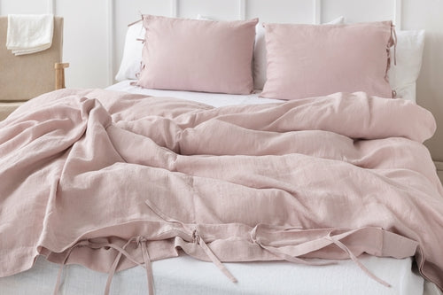 Pale Pink linen bedding set with ties
