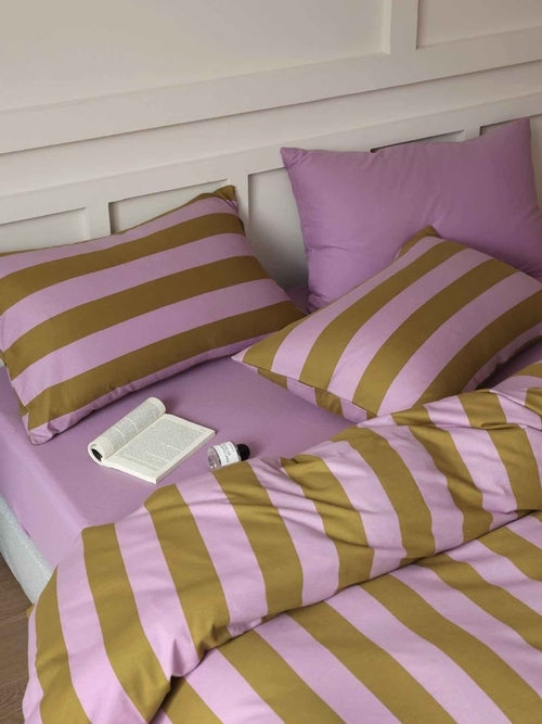 Dopamine Stripe Cotton Queen Size Duvet Cover Set With Pillowcases &