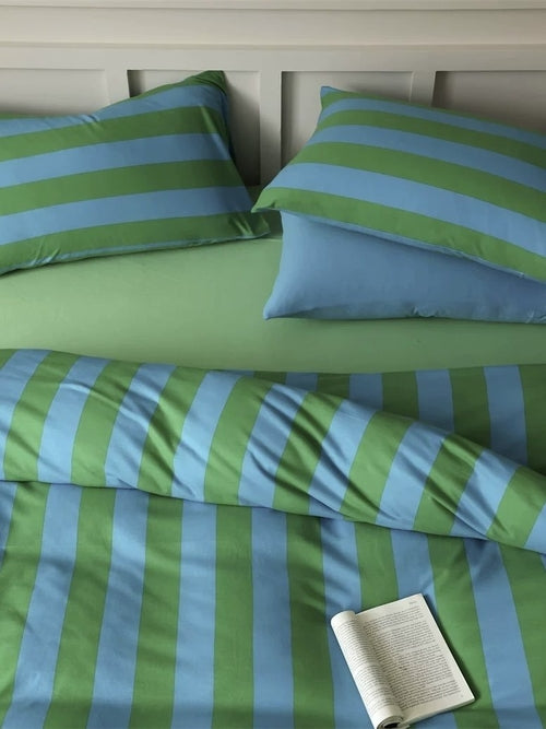 Dopamine Stripe Cotton Queen Size Duvet Cover Set With Pillowcases &