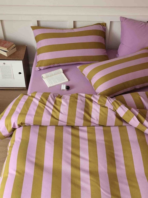 Dopamine Stripe Cotton Queen Size Duvet Cover Set With Pillowcases &