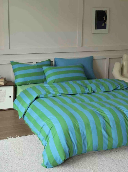 Dopamine Stripe Cotton Queen Size Duvet Cover Set With Pillowcases &